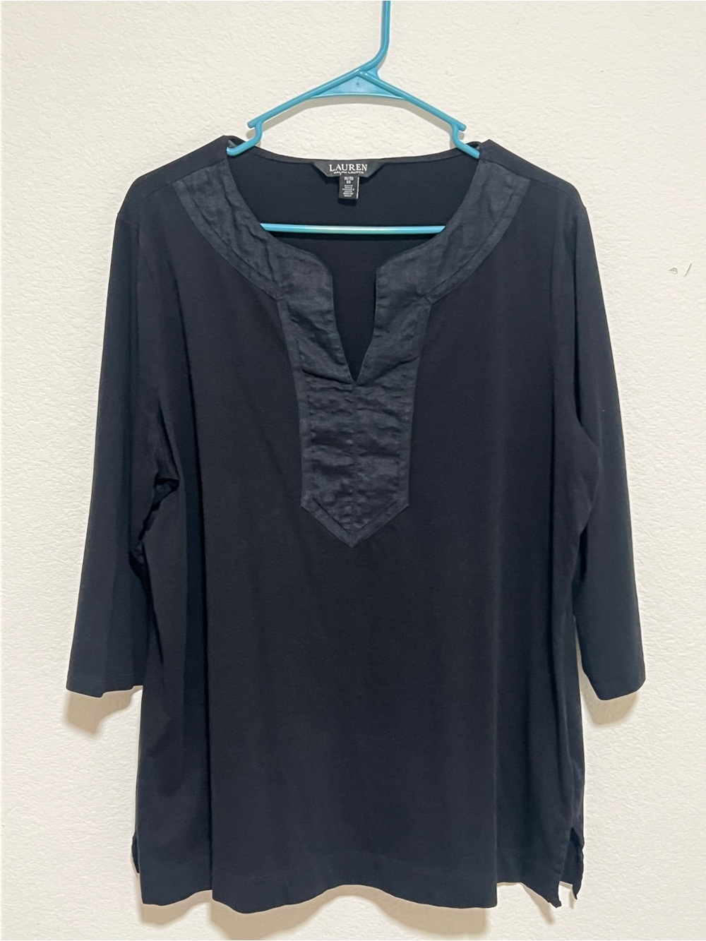 Lauren Ralph Lauren Black V-Neck cottonTunic Top linen placket Sz 1X